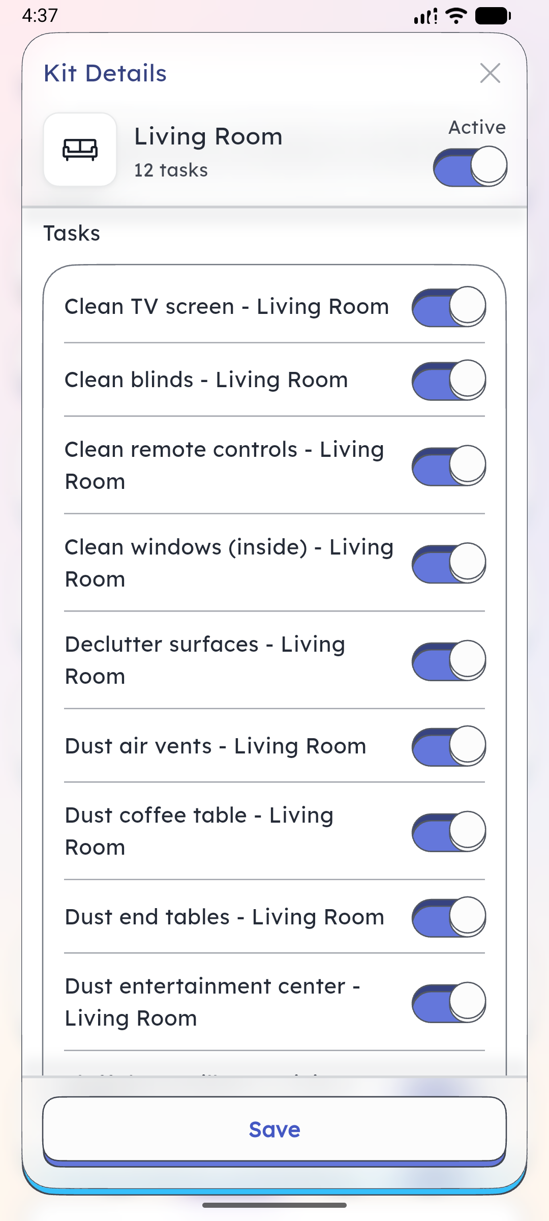 Schedgy kit details showing pre-configured household tasks
