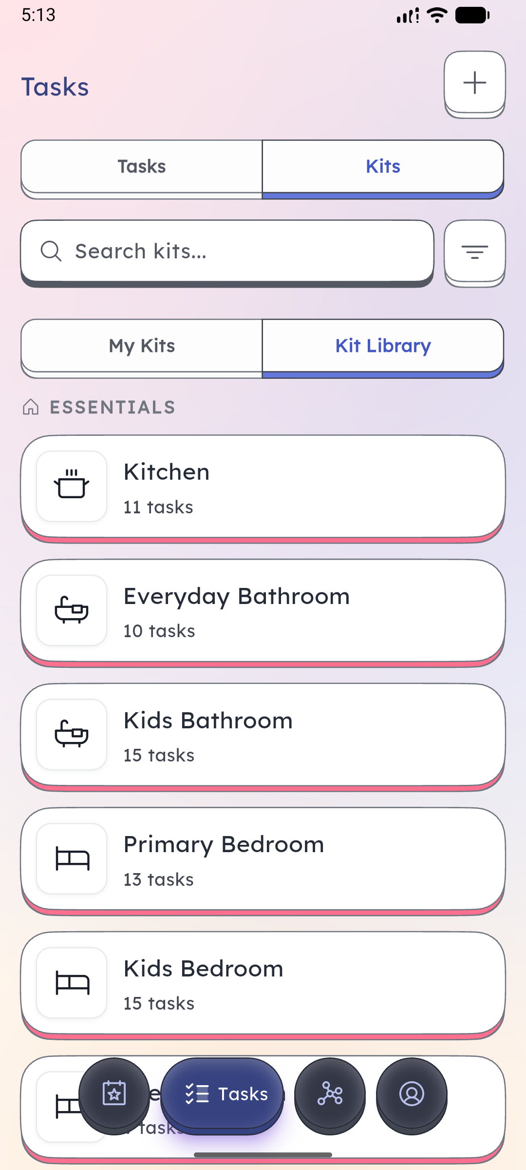 Schedgy kit library showing available household kits