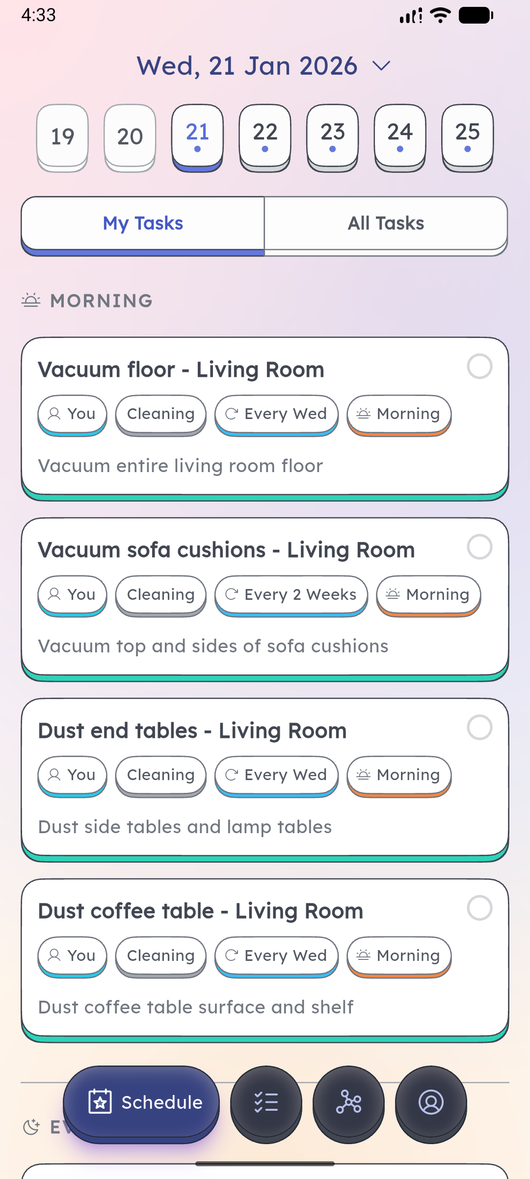 Schedgy My Tasks screen showing task list with date filtering