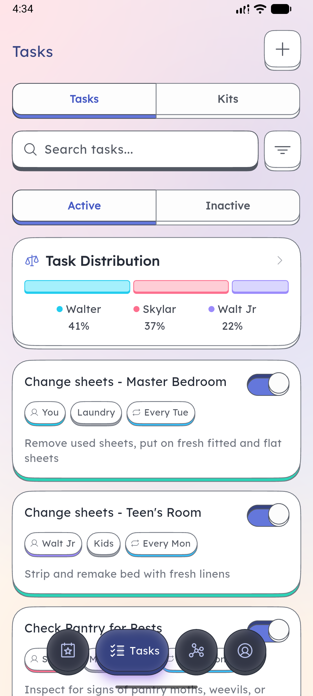 Schedgy task list showing all household tasks
